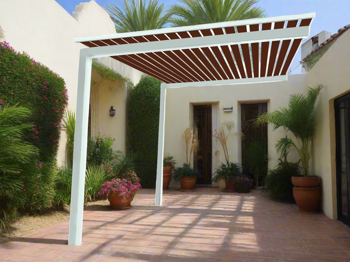 The UrbanRetreat Cantilevered Pergola Kit - White / Timber Grain 3.2m x 2.7m