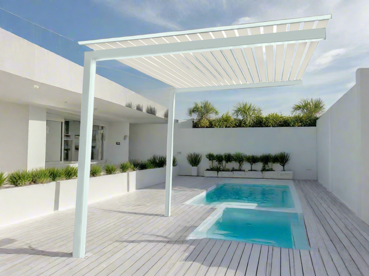 The UrbanRetreat Cantilevered Pergola Kit - White / White Oak 3.2m x 2.7m