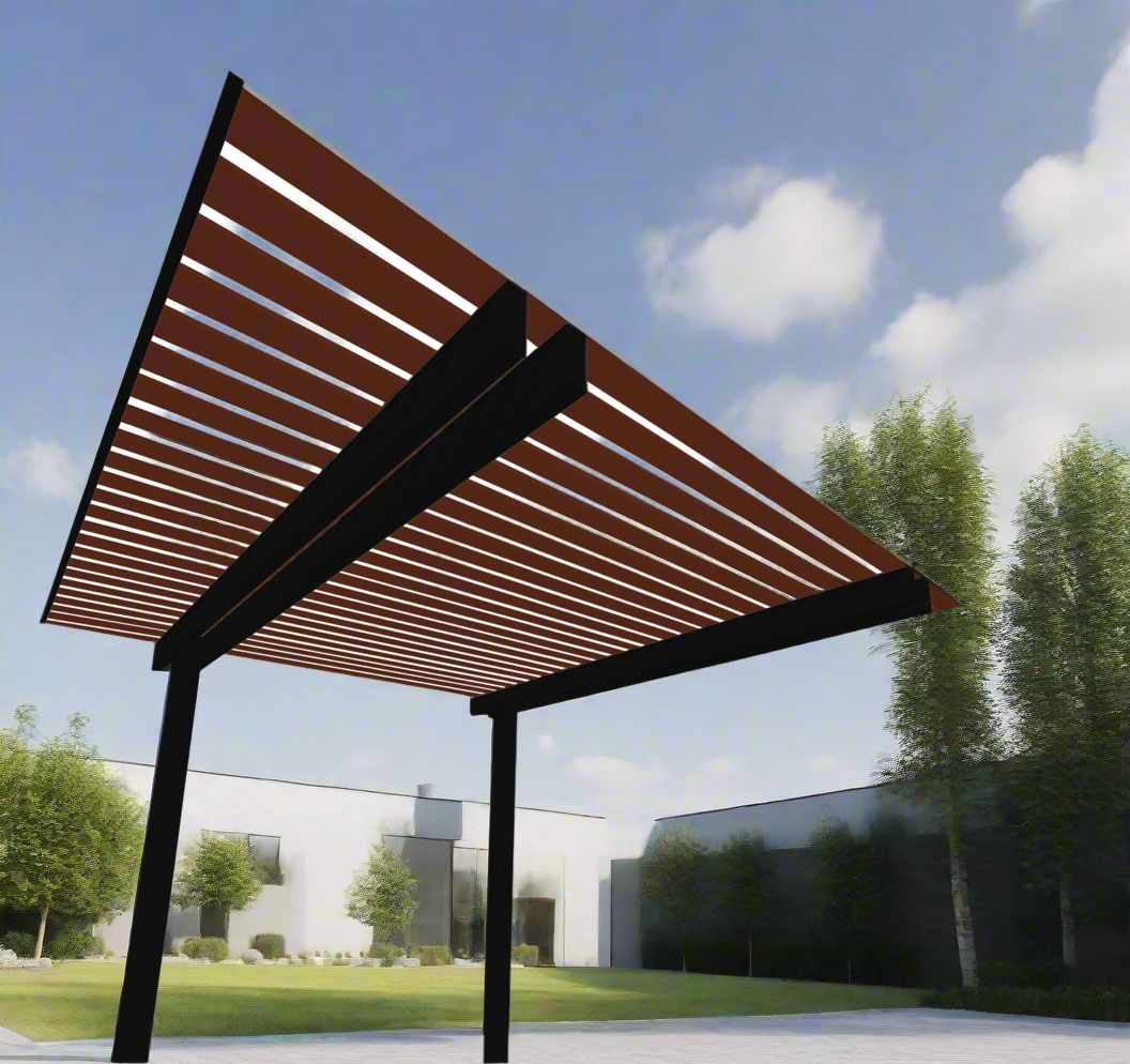 The Cabana Cantilevered Pergola Kit - Black / Timber Grain 6.5m x 3.2m