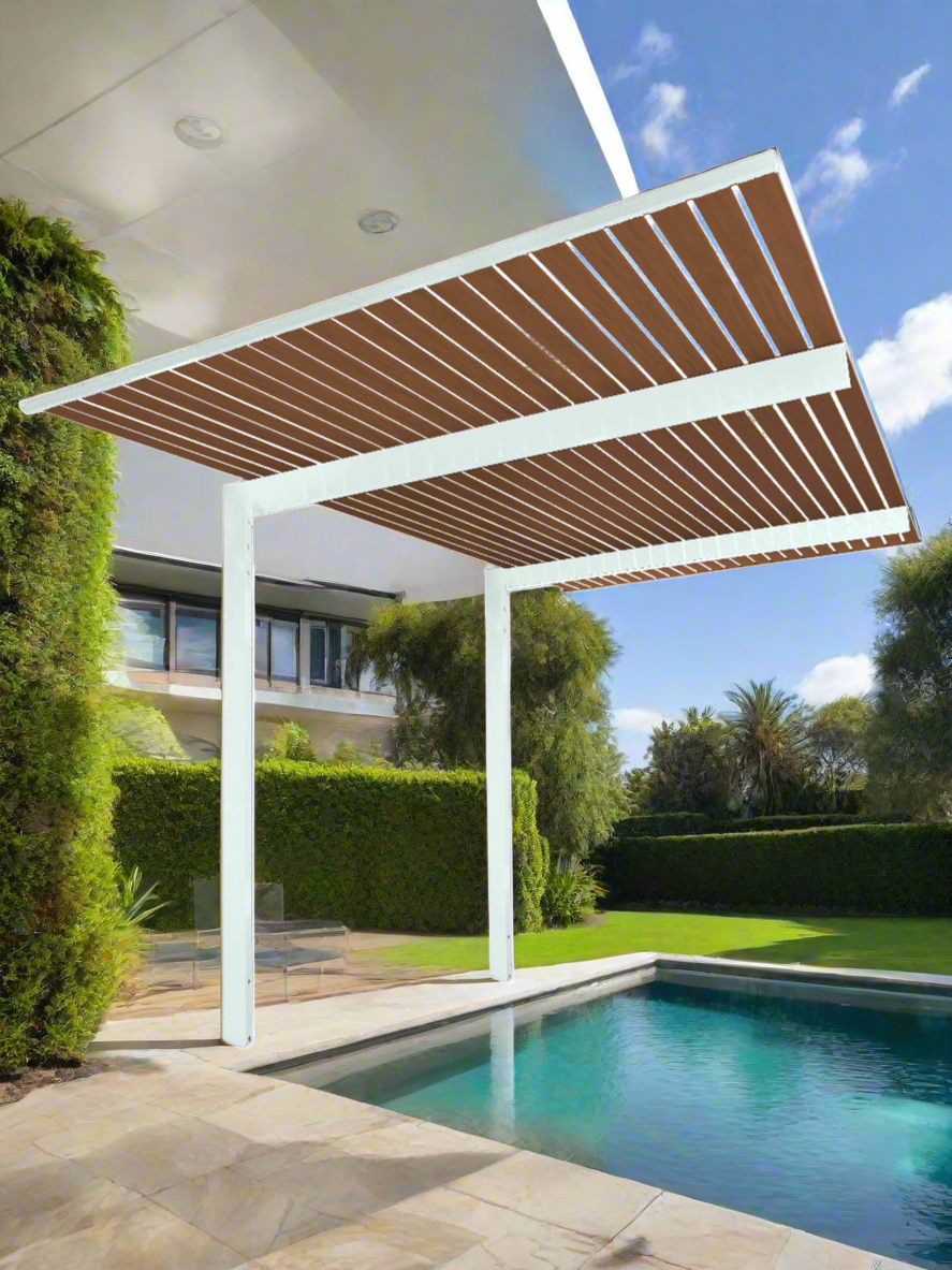 The Exclusive Cantilevered Pergola Kit - White / Timber Grain 5m x 3m