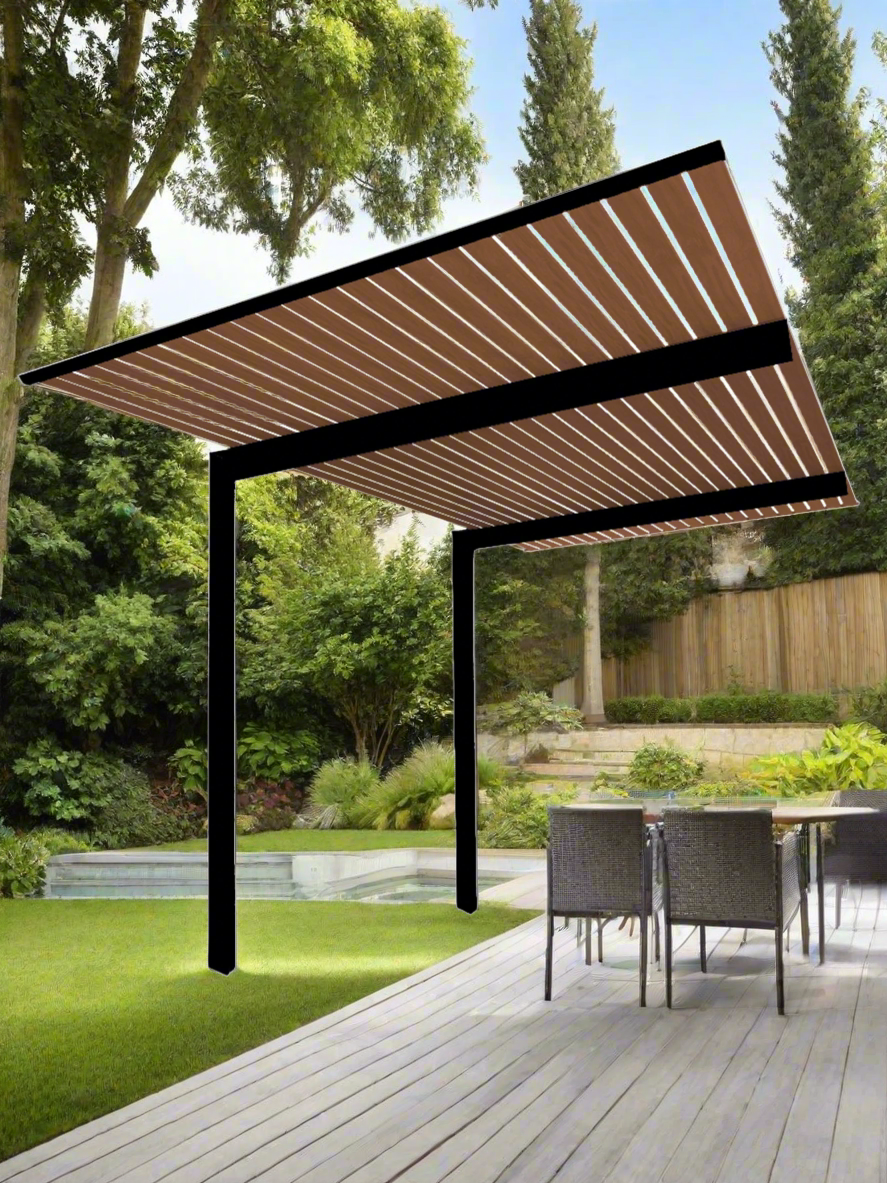 The Exclusive Cantilevered Pergola Kit - Black / Timber Grain 3.2m x 3m